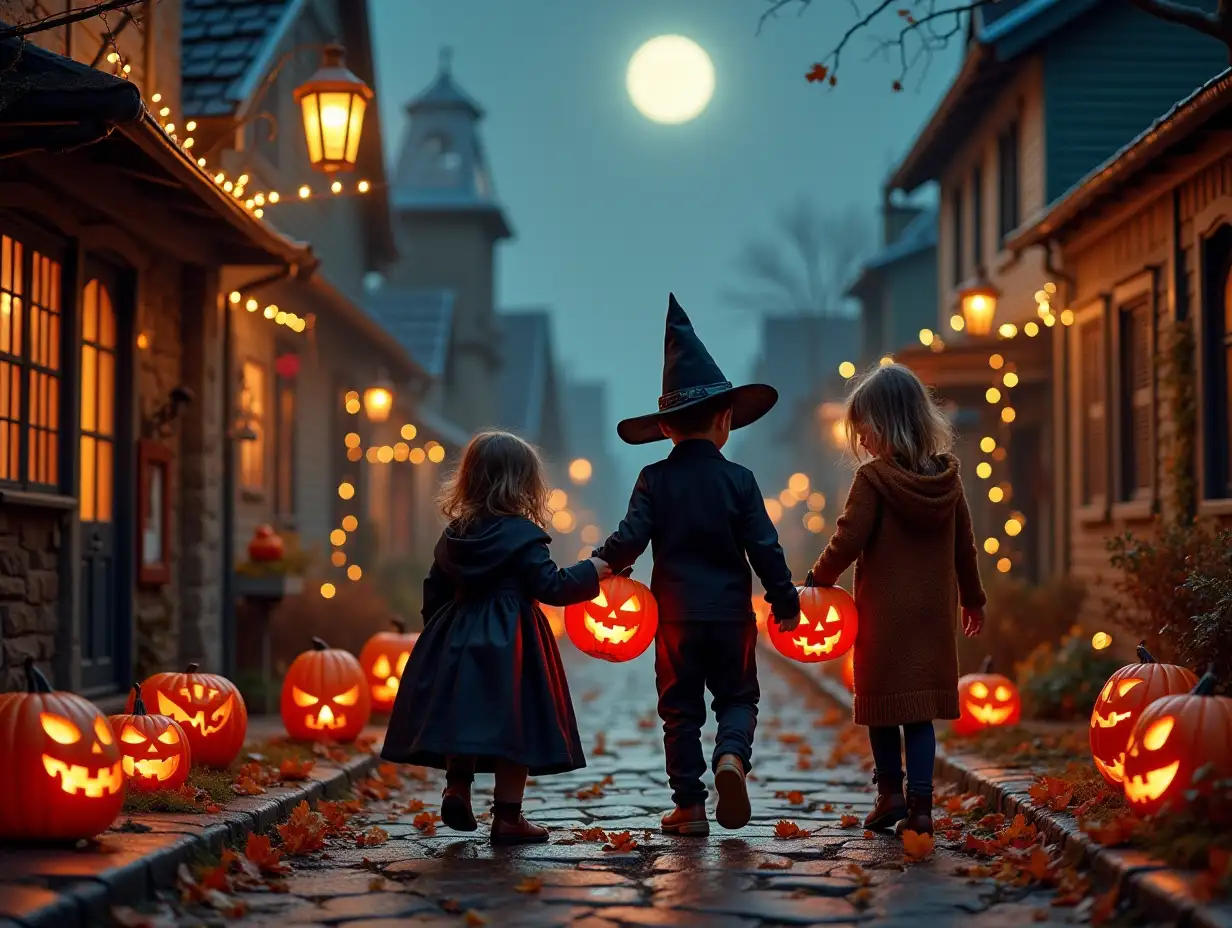 Children-in-Playful-Halloween-Costumes-TrickorTreating-in-a-Charming-Village