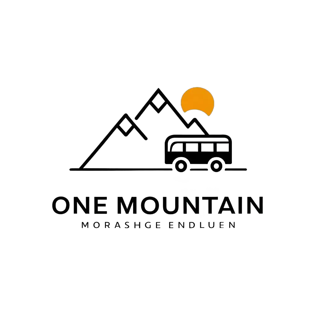 a vector logo design,with the text "one mountain", main symbol:mountain+tourist bus,Minimalistic,be used in technology industry,clear background