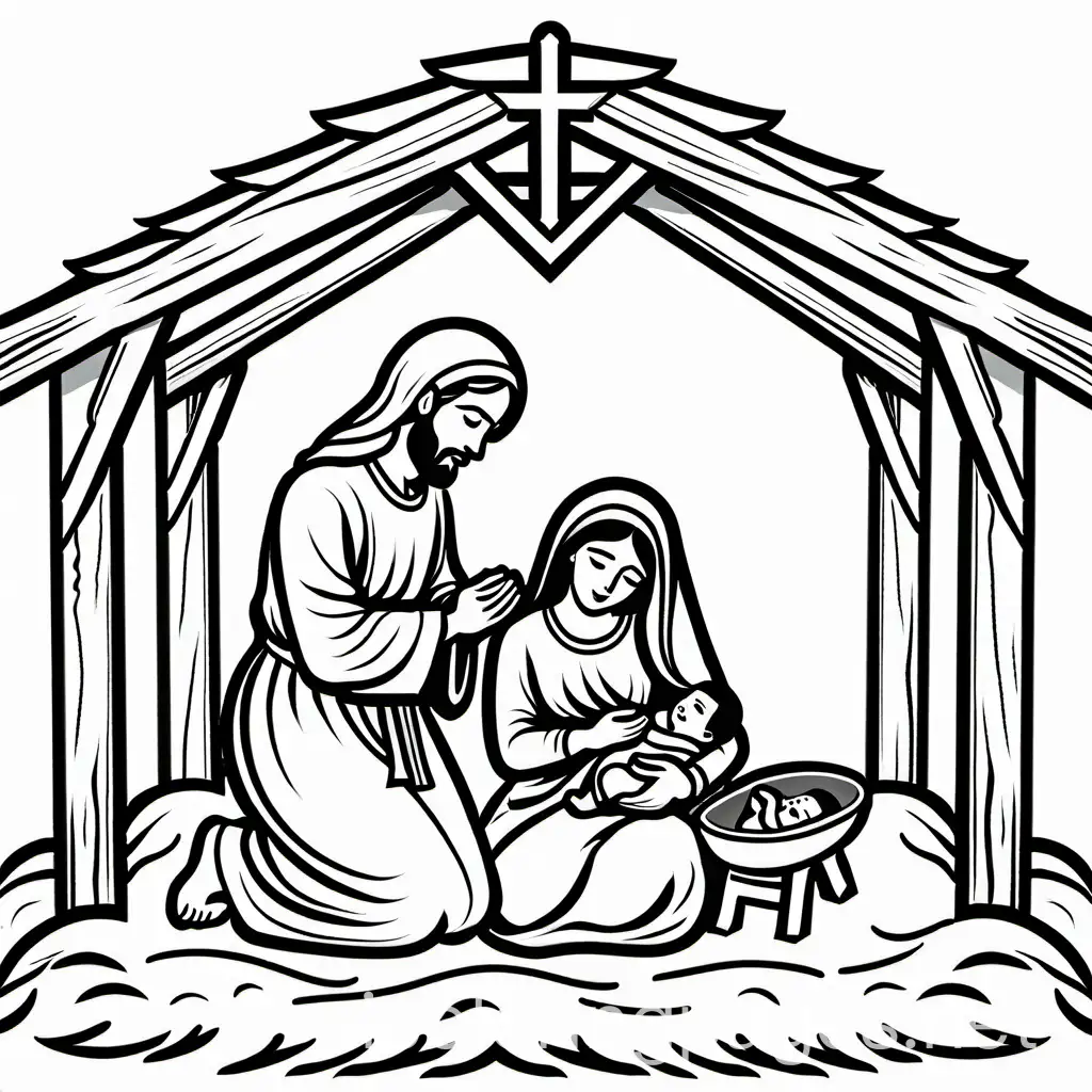 Man-and-Woman-Kneeling-by-Manger-with-Baby-A-Simple-Coloring-Page-for-Kids