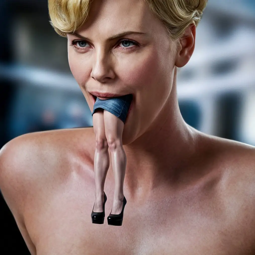 giantess Charlize Theron with deep neckline swallows a small person, only legs in high-heeled shoes stick out of the mouth, photo, cinematic, 4k