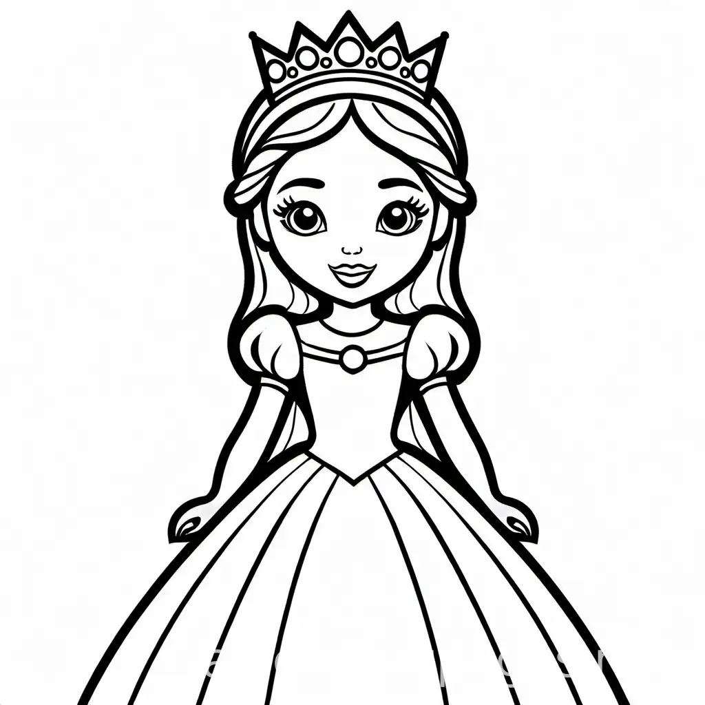 princess for kids, Coloring Page, black and white, line art, white background, Simplicity, Ample White Space. The background of the coloring page is plain white to make it easy for young children to color within the lines. The outlines of all the subjects are easy to distinguish, making it simple for kids to color without too much difficulty