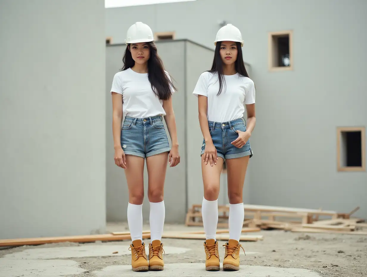 Two-Young-Japanese-Women-in-Denim-Shorts-and-Timberland-Boots-on-Construction-Site