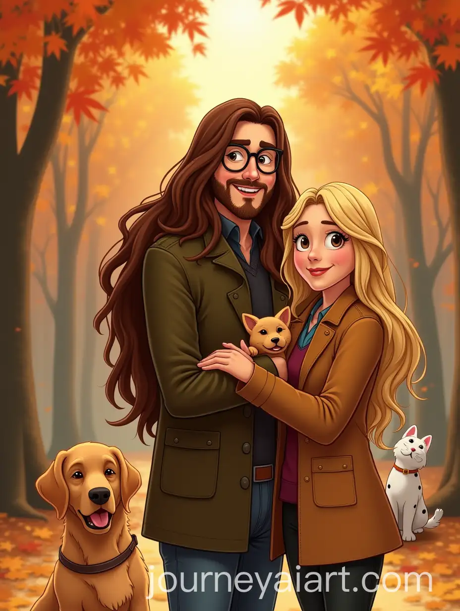 Man-and-Woman-with-Pets-in-Autumn-Landscape-in-Disney-Cartoon-Style