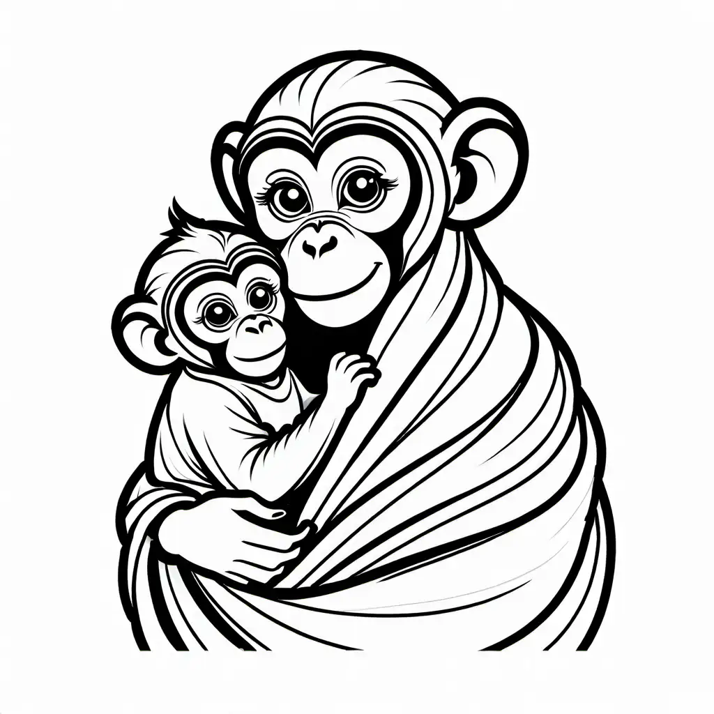 mom monkey holding swaddled baby monkey , Coloring Page, black and white, line art, white background, Simplicity, Ample White Space