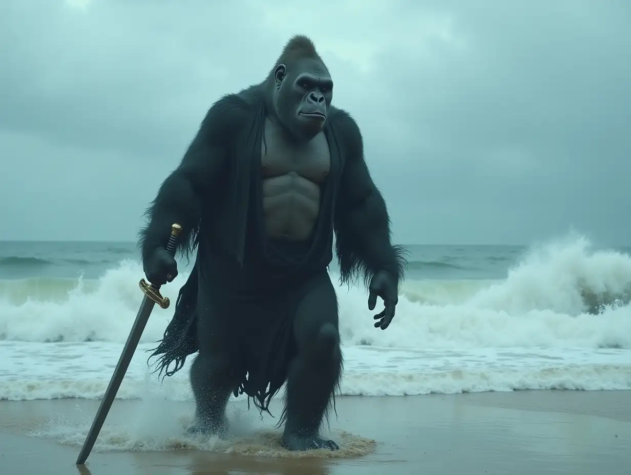 A monster giant hybrid gorilla and shark in black Arabian clothes, sword in hand, walking on a sea beach,  huge waves in the sea, stormy horrifying weather,  Cinematic view