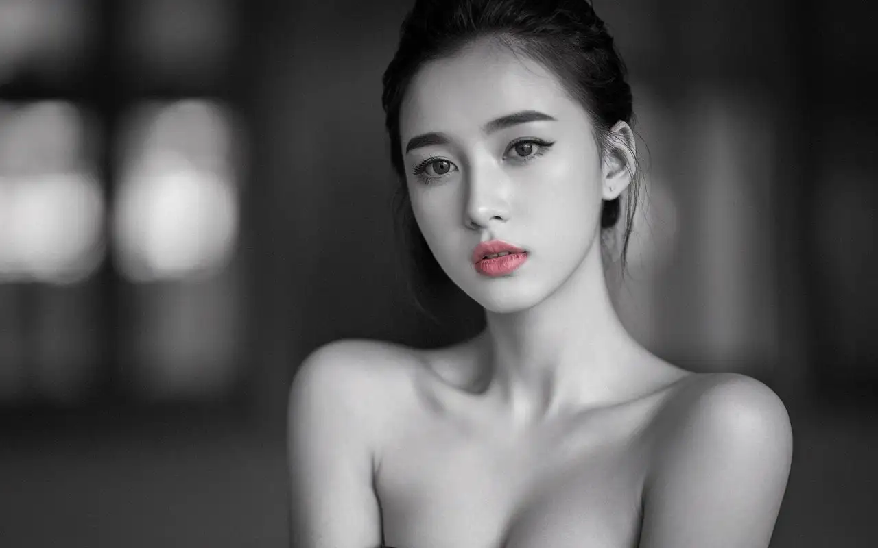 Stunning-Young-Chinese-Woman-with-Crimson-Lips-in-Monochrome-Photo