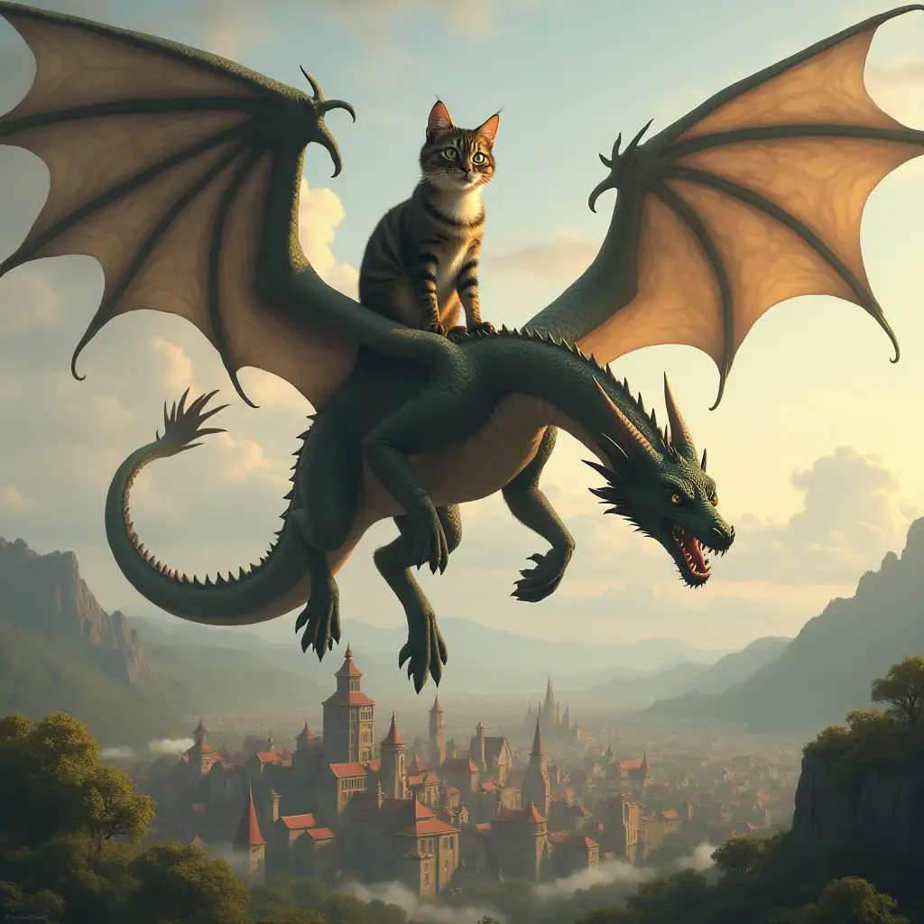 a cat sitting on the head of a dragon who is flying in the air over a small town