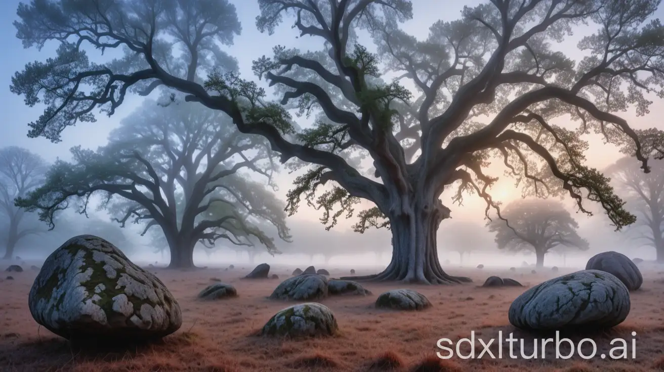 Large clearing in the old oak forest at dawn with boulders, wisps of fog and a thousand-year-old oak tree in the background.