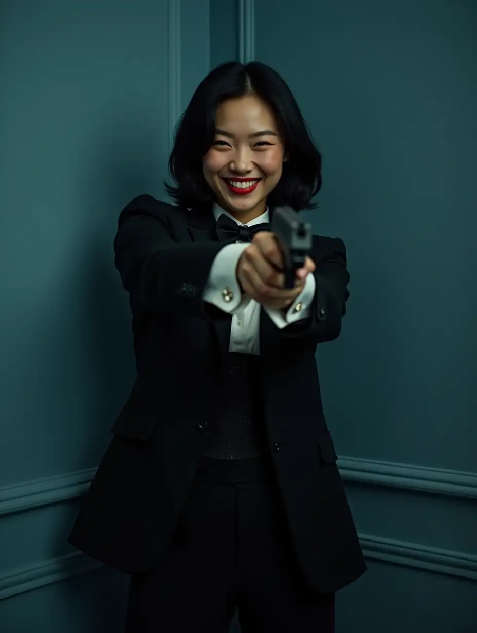 Smiling-Chinese-Female-Spy-in-Black-Tuxedo-with-Gun