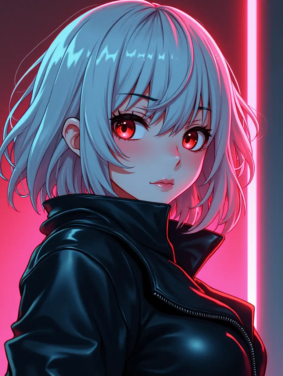 gorgeous cyberpunk woman in retro anime style, white hair with crimson strands, ink 2d art, perfect wide open brown eyes, pale skin, (from sideways angle shot:1.3), leather suit under jacket, illustration, cinematic dark neon tones, masterpiece, anime, detailed, best quality, by makoto shinkai , non-realistic