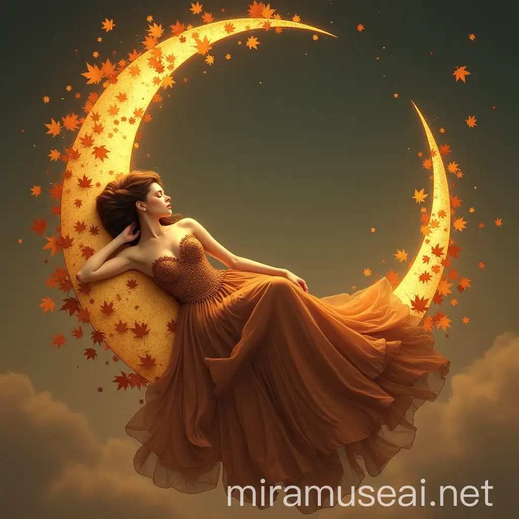 Elegant Woman Sleeping on Autumn Crescent Sky