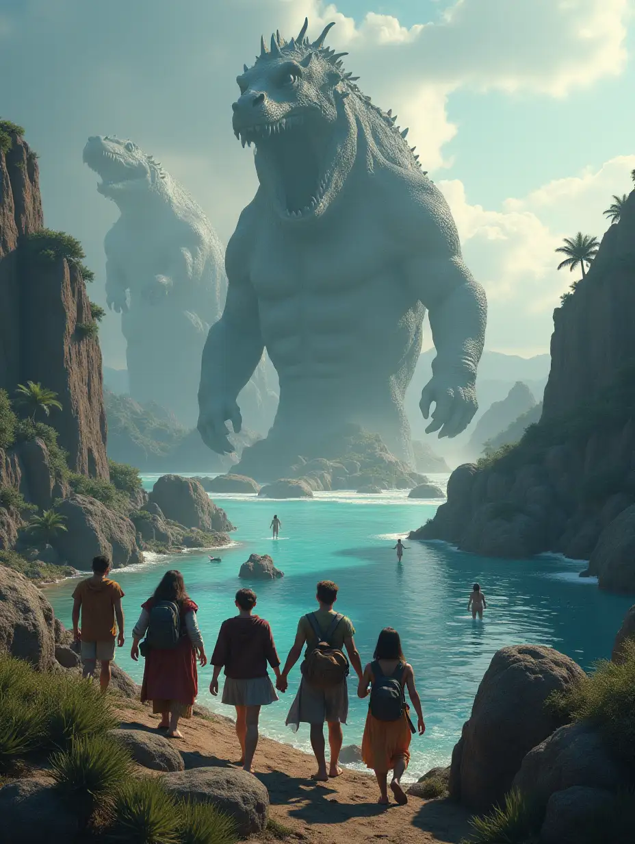 Create a hyper-realistic image showing a group of human explorers arriving at a mysterious island. In the background, you can see mythological creatures such as stone giants, huge reptiles emerging from the water and mermaids swimming near the shore.