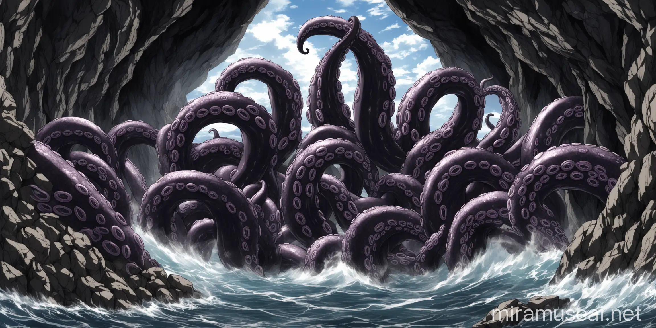 Fantasy Anime Scene with Black Tentacles Emerging from Rock Inlets