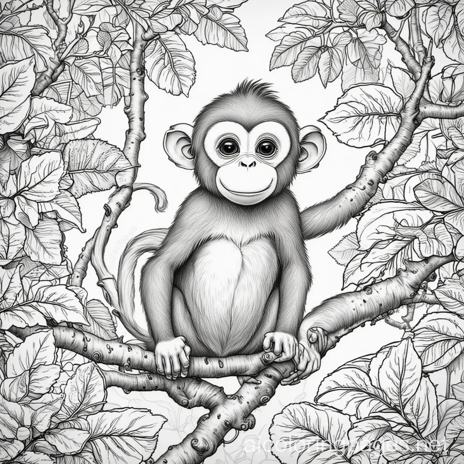 Monkey in the trees, Coloring Page, black and white, line art, white background, Simplicity, Ample White Space. The background of the coloring page is plain white to make it easy for young children to color within the lines. The outlines of all the subjects are easy to distinguish, making it simple for kids to color without too much difficulty