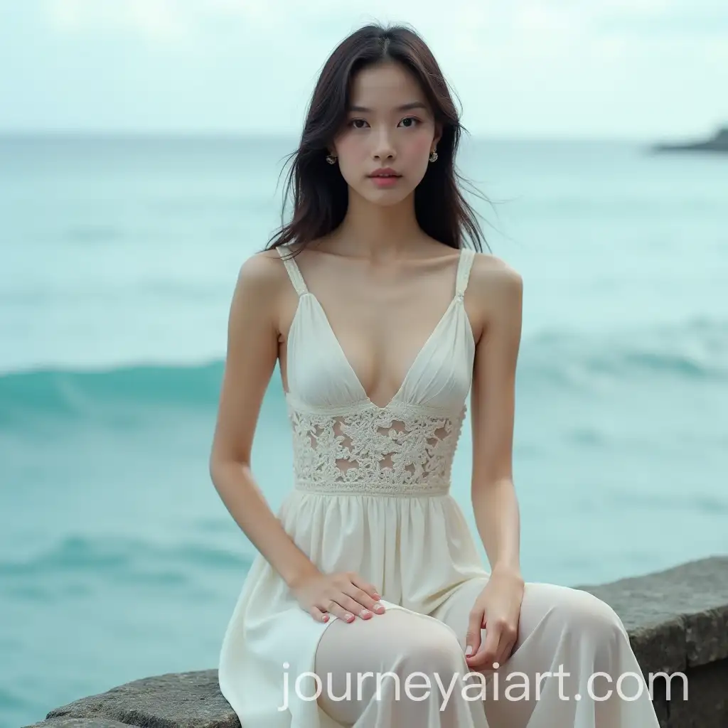 Young-Chinese-Woman-Posing-at-the-Edge-of-a-Calm-Ocean-in-Elegant-Fashion