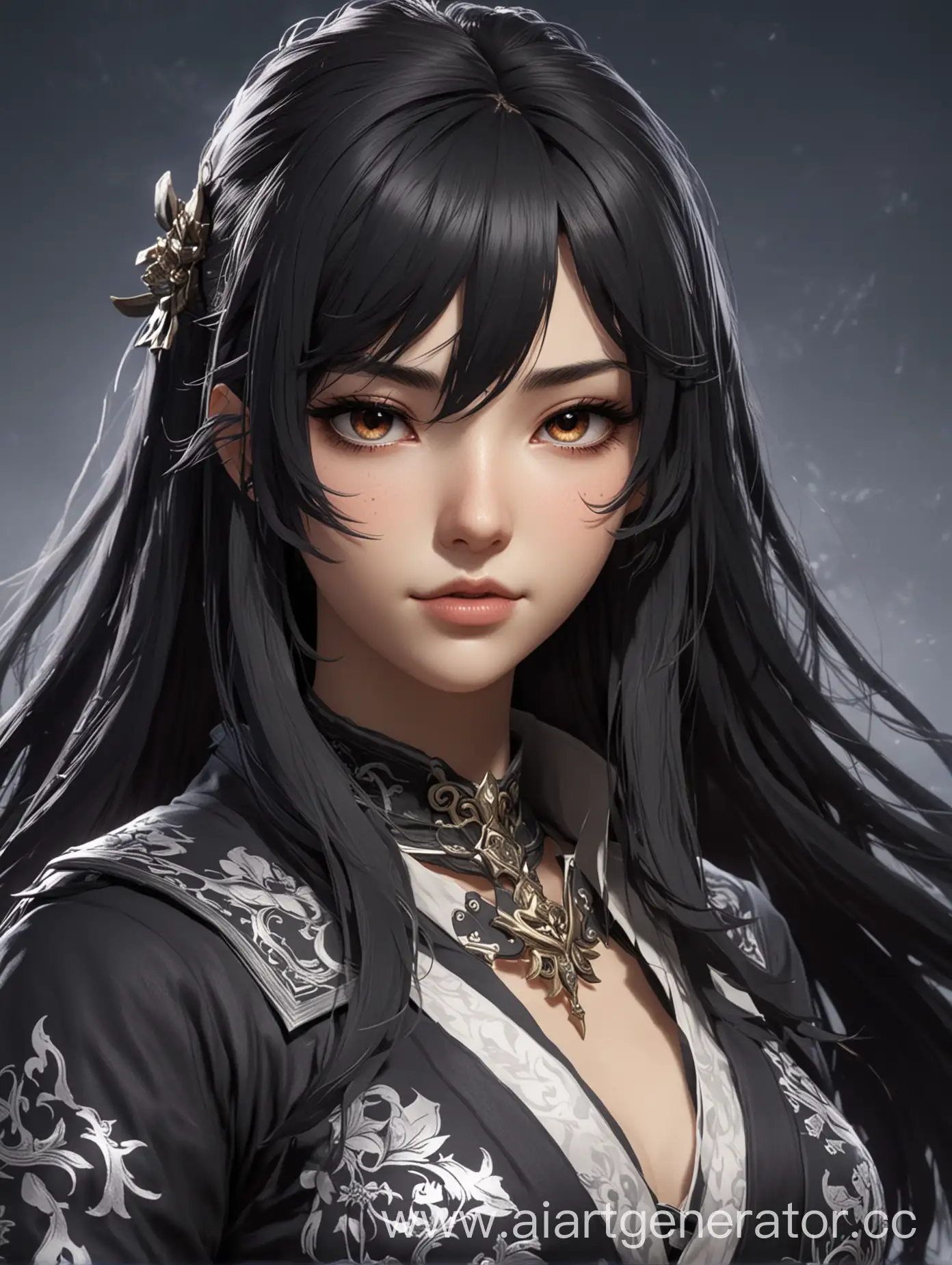 Female-Crime-Boss-with-Long-Black-Hair-and-Gray-Eyes-in-Genshin-Impact-Style