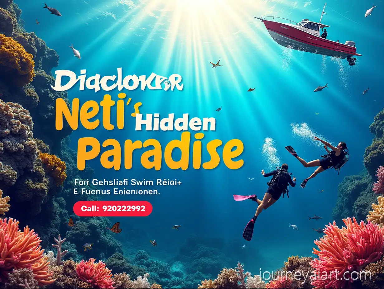 Vibrant-Scuba-Diving-Adventure-Banner-with-Coral-Reefs-Tropical-Fish-and-Exciting-Boat-Ride