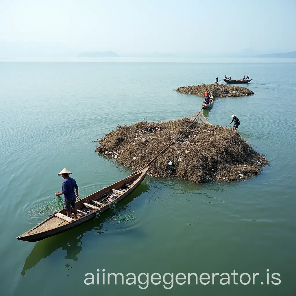 Canoes-Pulling-Trash-and-Collecting-Waste-from-Water-with-Floating-Rope