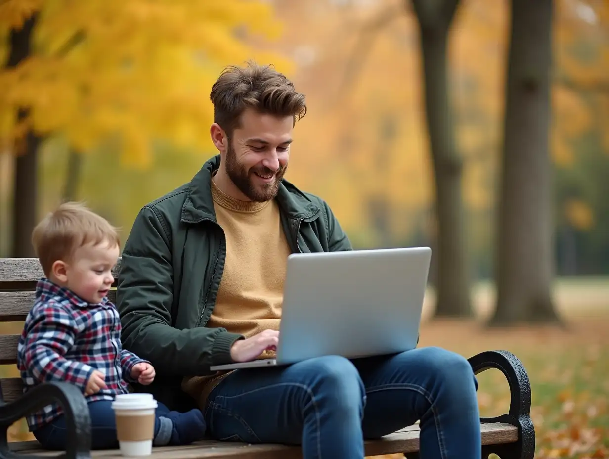 A young father working remotely at a park bench with a laptop on his knees, toddler playing nearby, coffee cup beside him, autumn background, concept of parenting and productivity, natural lighting, realistic photo style