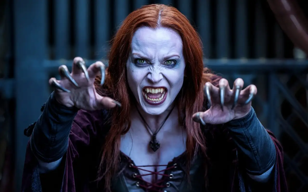 it looks like a woman, depicted as a vampire. She has pale skin, long red hair and big expressive eyes, possibly green or gray. Her mouth is open in a grimace, revealing long sharp fangs, typical of vampires. Her hands are extended forward, with clawed fingers bent in a threatening pose, as if she is about to attack. She is wearing dark clothing with lace detailing around the neck, and there is jewelry visible on her neck. The background is dark and blurry, with elements of fencing, which enhances the atmosphere of mystery and danger. The overall appearance of the character corresponds to the classic image of a vampire ready to attack.