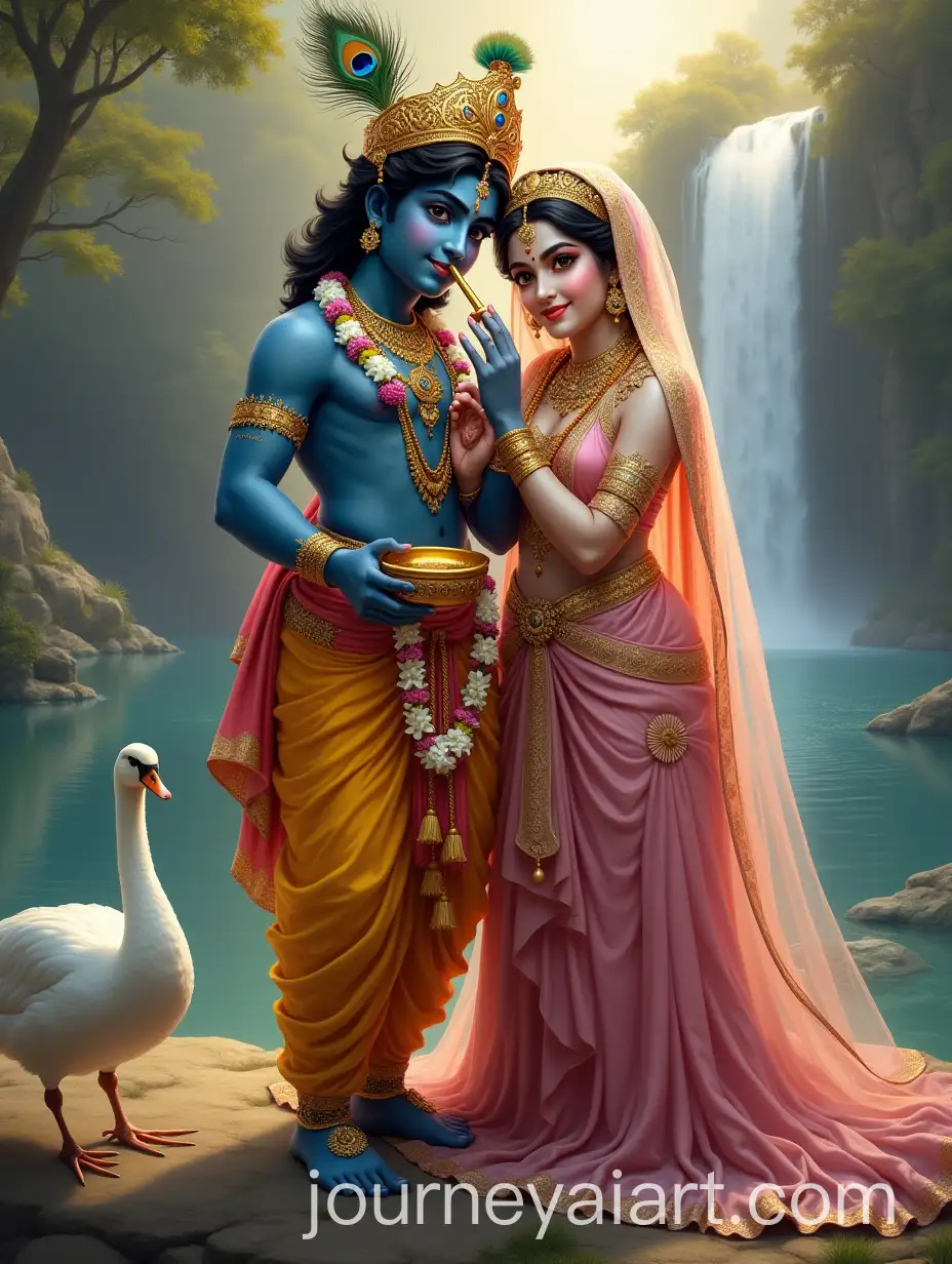 Radha-and-Krishna-in-Divine-Setting-with-Flute-Matka-and-Majestic-Peacock