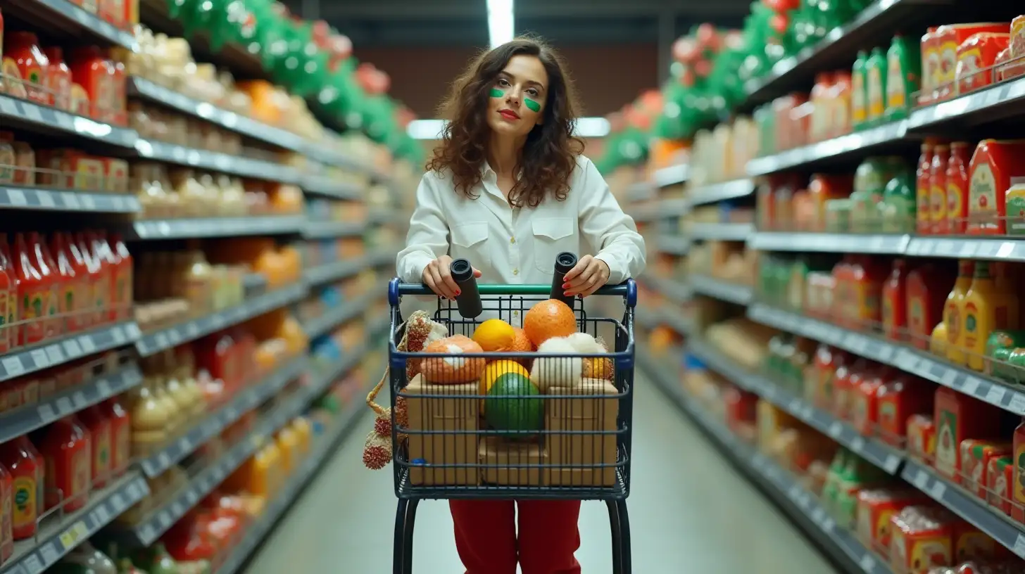 Brunette Woman in Festive Supermarket Aisle with Binoculars and Groceries