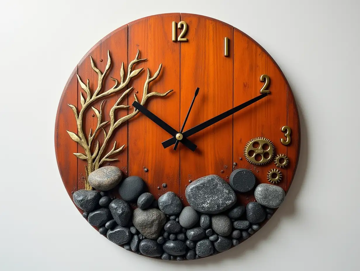 Resinharz wall clock with wood, stone water with gears, orange black, red gold-plated