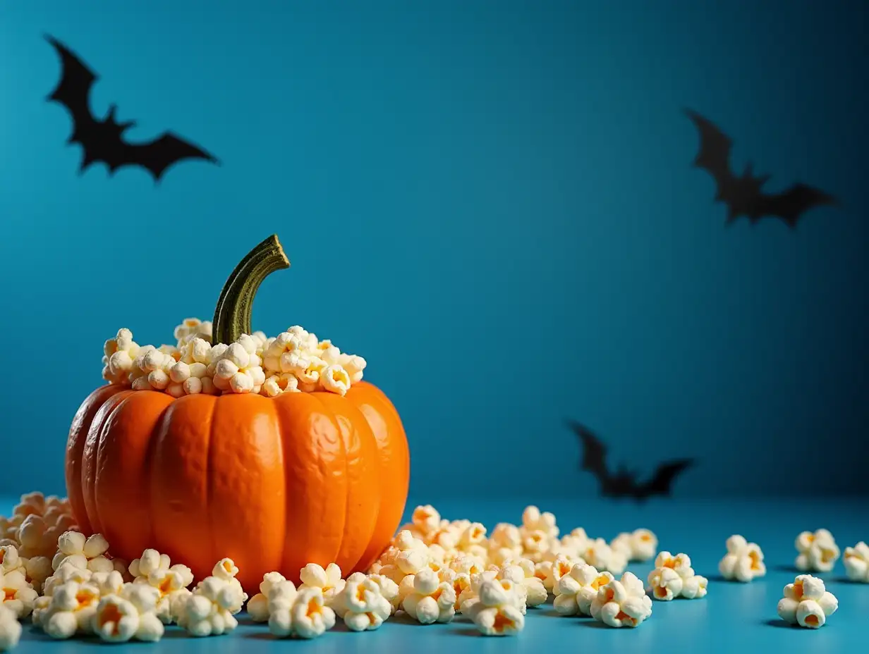 A Halloween themed setup with a pumpkin popcorn and a blue background ideal for adding text or other elements. Creative banner. Copyspace image