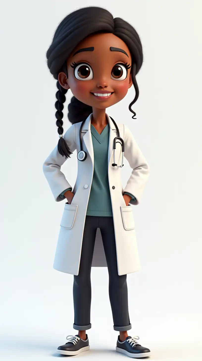 full-body, African-American, Female, Doctor, High-Def, Realistic, 3d, cartoon, with a braided hairstyle