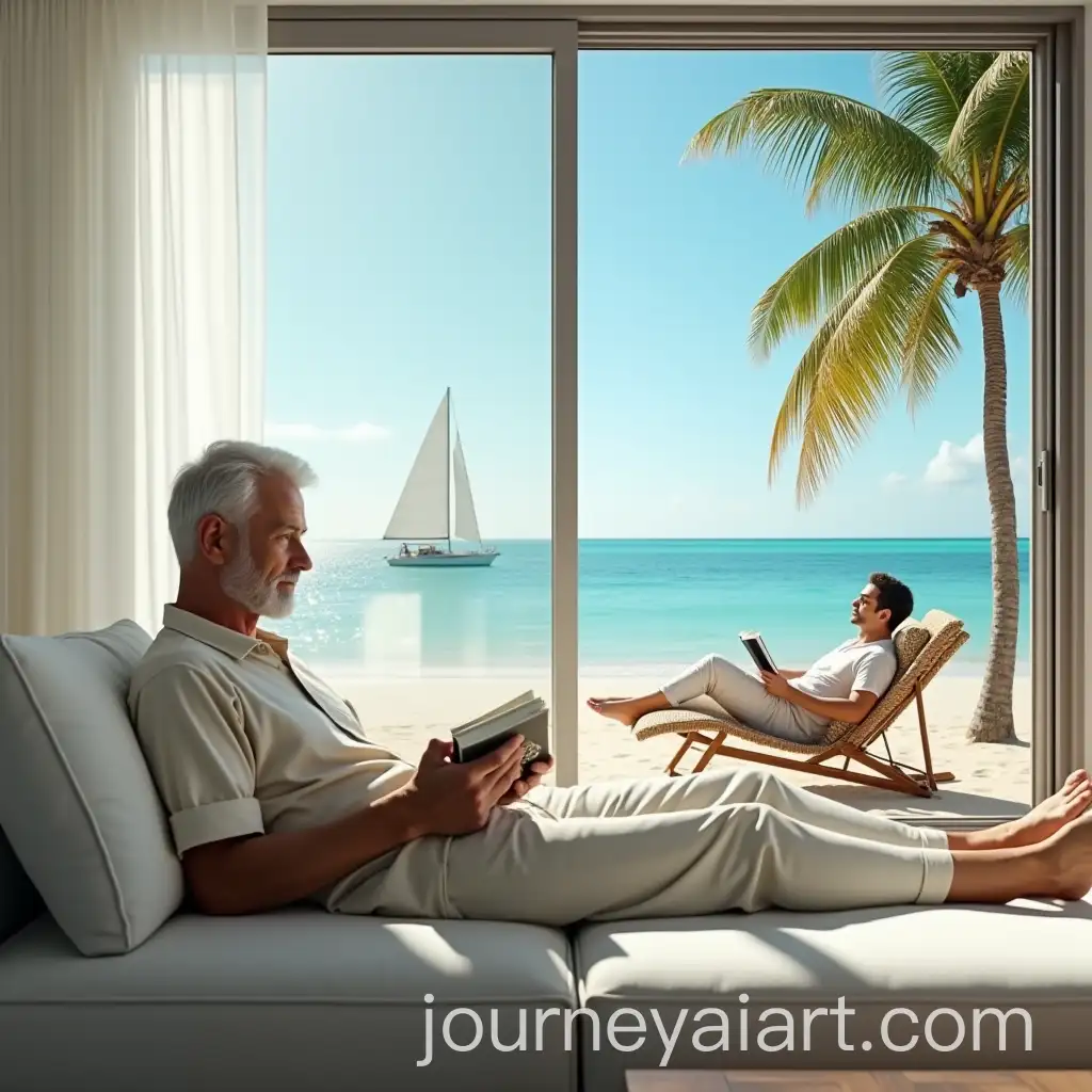 Man-Relaxing-on-Couch-with-Split-View-of-Beach-and-Reading