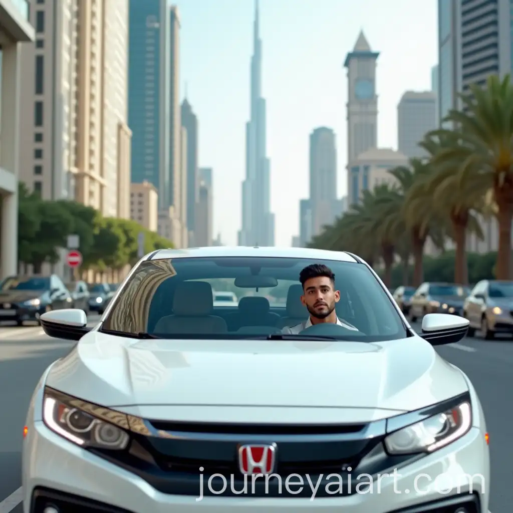 White-Honda-Civic-Parked-onAI-Image-Prompt-Expansion-Dubai-Street-with-Young-Man-and-Burj-Khalifa-in-the-Background