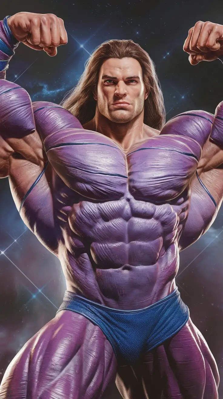 Flexing super muscles. Power hero. Hugely ripped. Long hair. Awesome cosmic powers. 27 years old. Photorealistic.