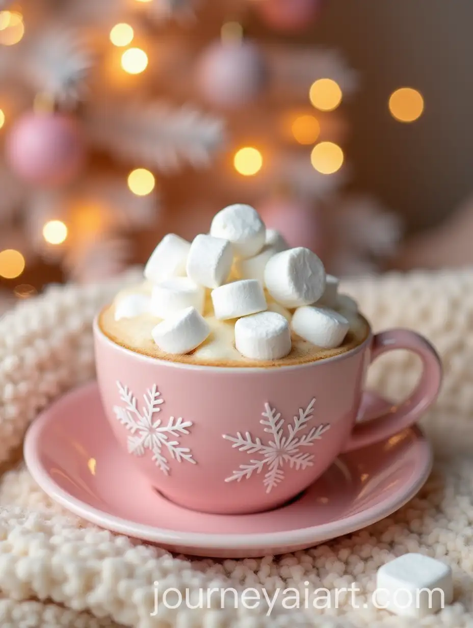 Pink-Coffee-Cup-with-Foamy-Cappuccino-and-Snowflakes-on-Furry-Plaid-in-Festive-Holiday-Setting