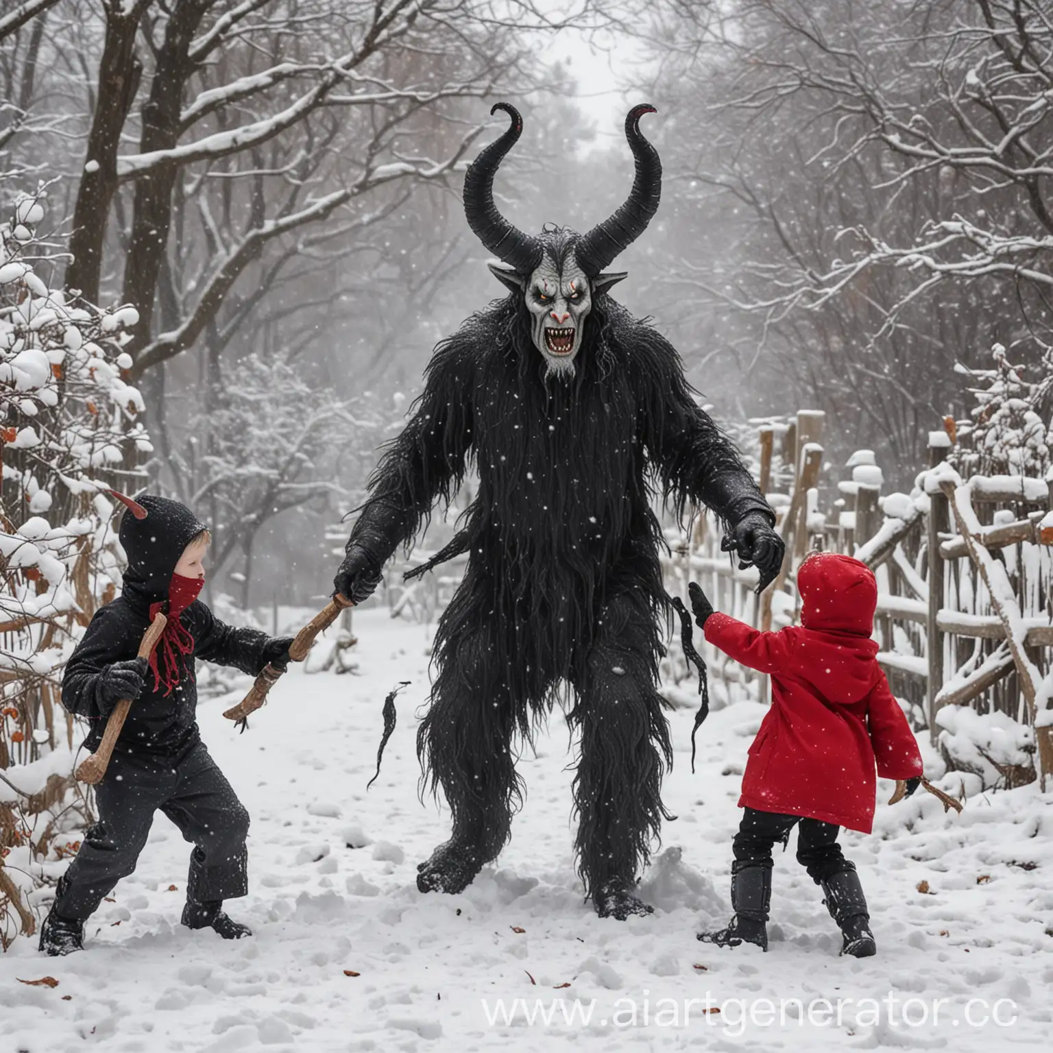 Children-Playing-in-the-Snow-with-Krampus-in-the-Background