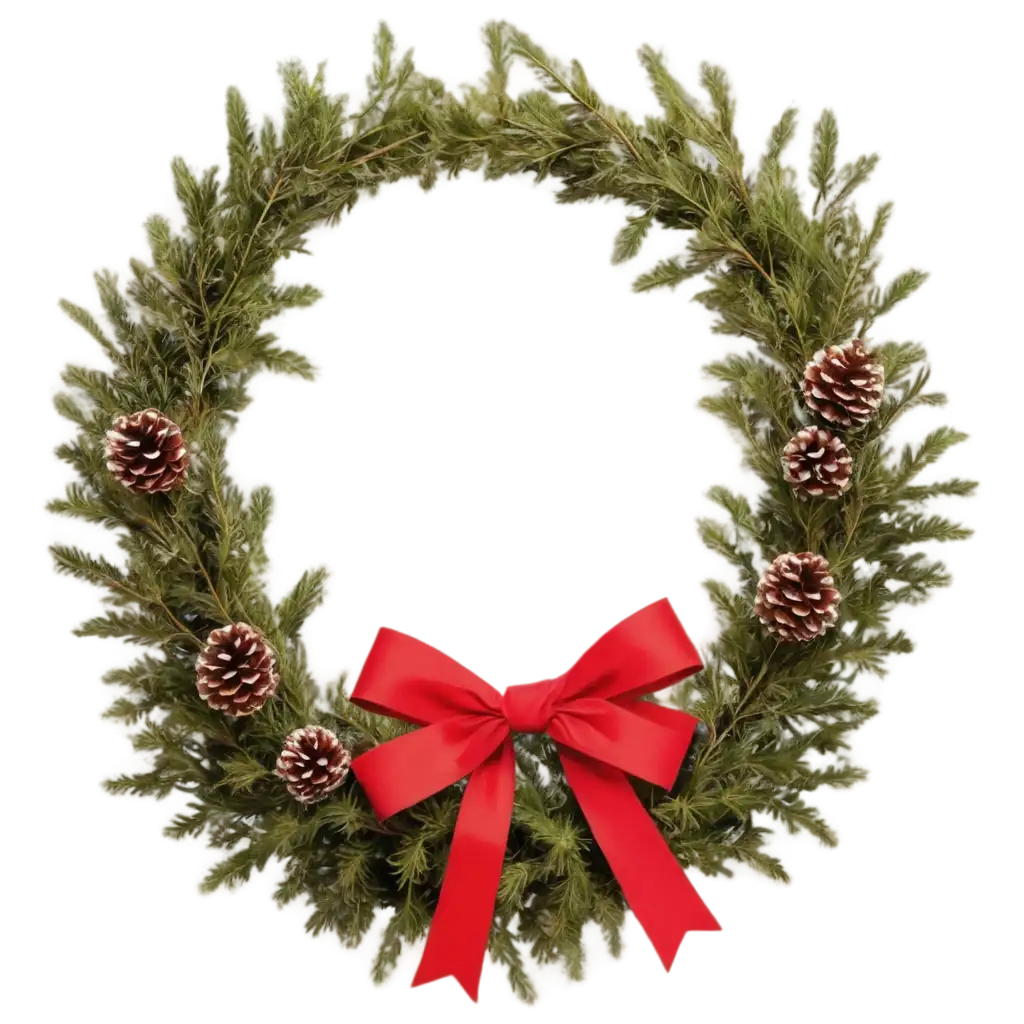 Christmas-Wreath-PNG-with-Fir-Branches-Red-Bow-Ivy-Cones-Snow-LED-Tape-HighQuality-Transparent-Image-for-Seasonal-Use