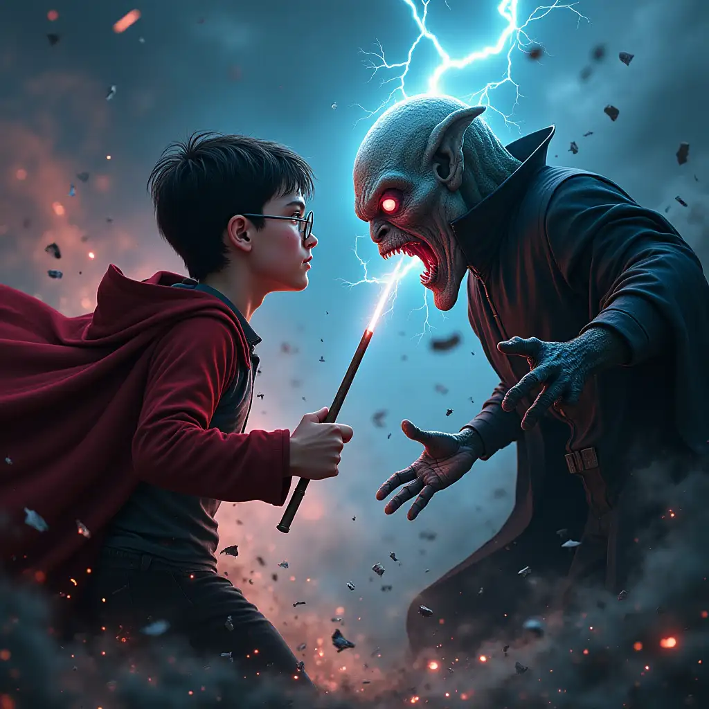 Depict the final showdown between Harry Potter and Voldemort. Harry, with his round glasses, lightning scar, and wand in hand, confronts Voldemort with his serpentine face and piercing red eyes. The scene is set in a dark stormy landscape with bolts of lightning illuminating the air and debris flying all around. Use vivid and contrasting colors to emphasize magical energy and tension in the moment.