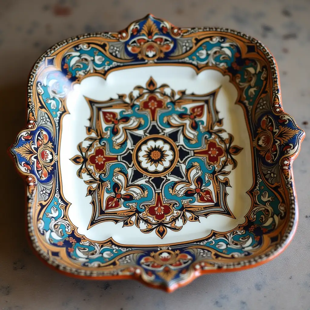 Square with rounded corners ceramic serving dish with embossed beautiful handle, antique and old, Qajar art, Iranian Tabriz carpet design