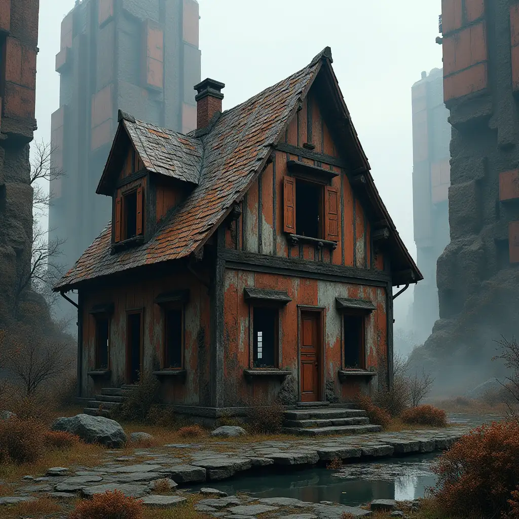 An old rusty wood house, tearing down to pieces, in between futuristic city buildings