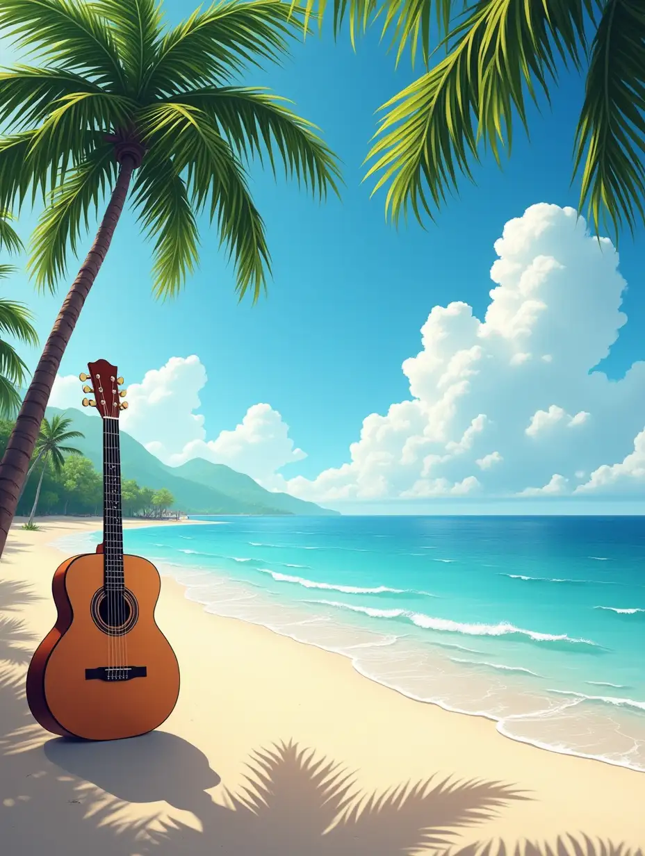 beach with palm trees and one guitar