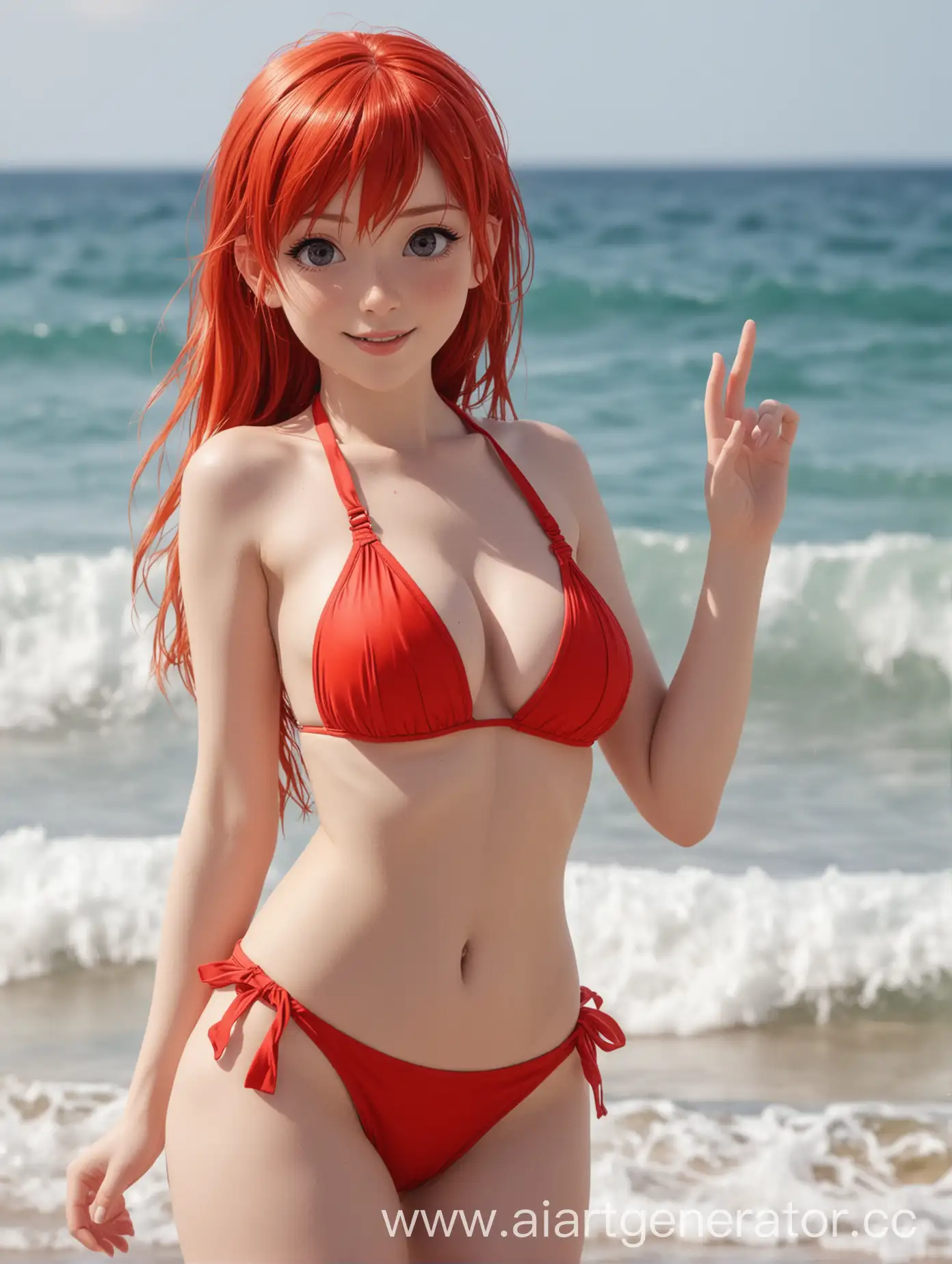 RedHaired-Anime-Girl-in-Red-Bikini-Waves-Hello