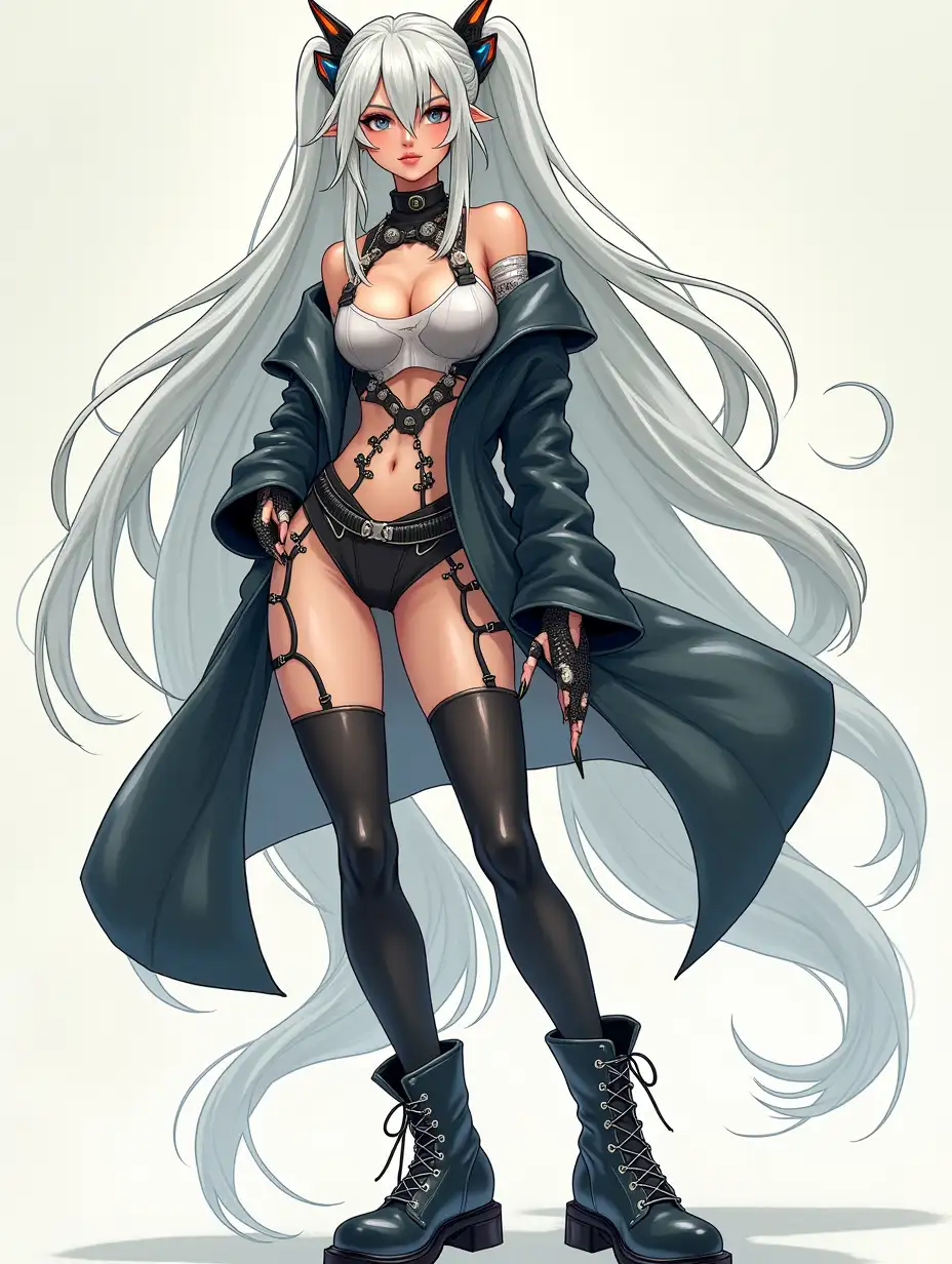 Depiction of a beautiful white woman with long mixed white-black hair in a futuristic style and laced boots