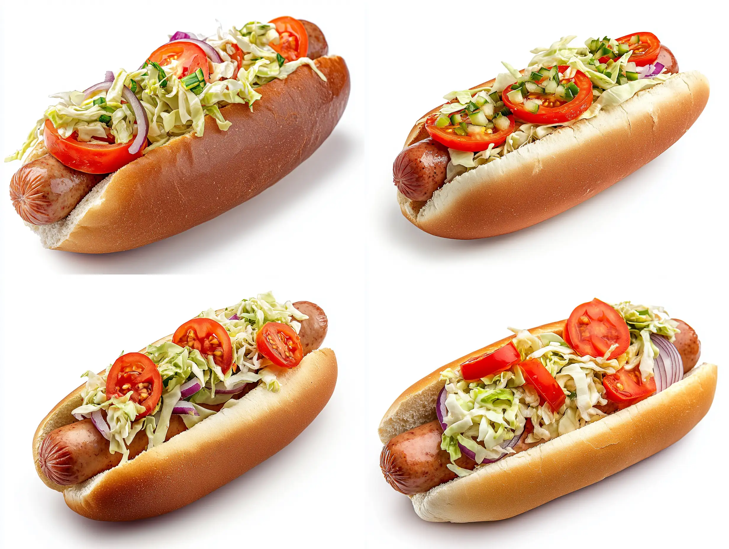 Delicious-Hot-Dog-with-Sausage-Cabbage-Tomato-and-Purple-Onion-on-White-Background