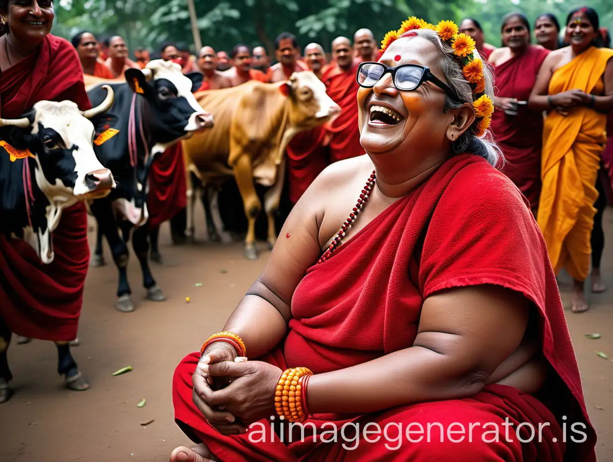 Laughing-Hindu-Monk-Woman-in-Ashram-with-Cow-and-Flower-Garland