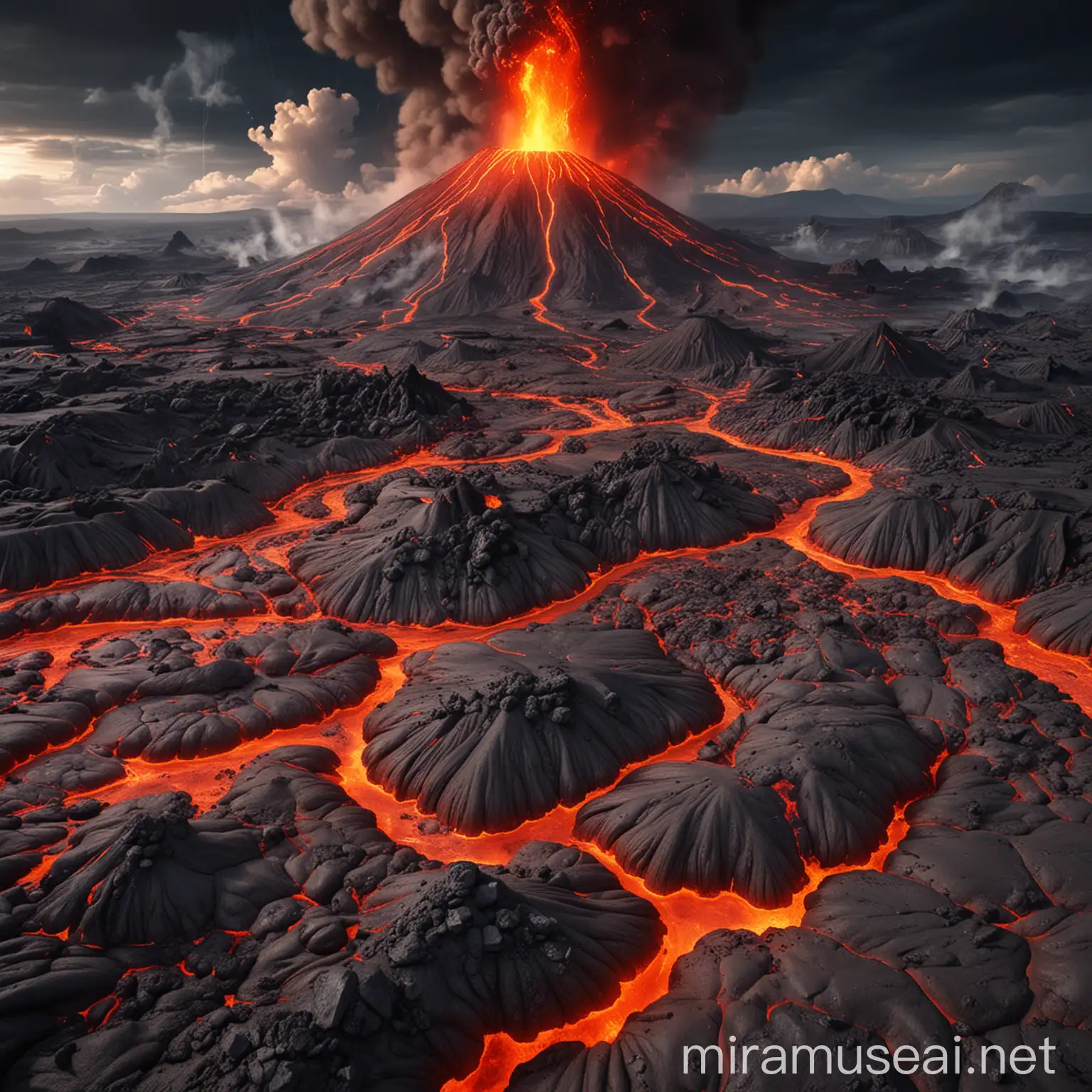 Volcanic Landscape with Lava Rivers and Eruptions