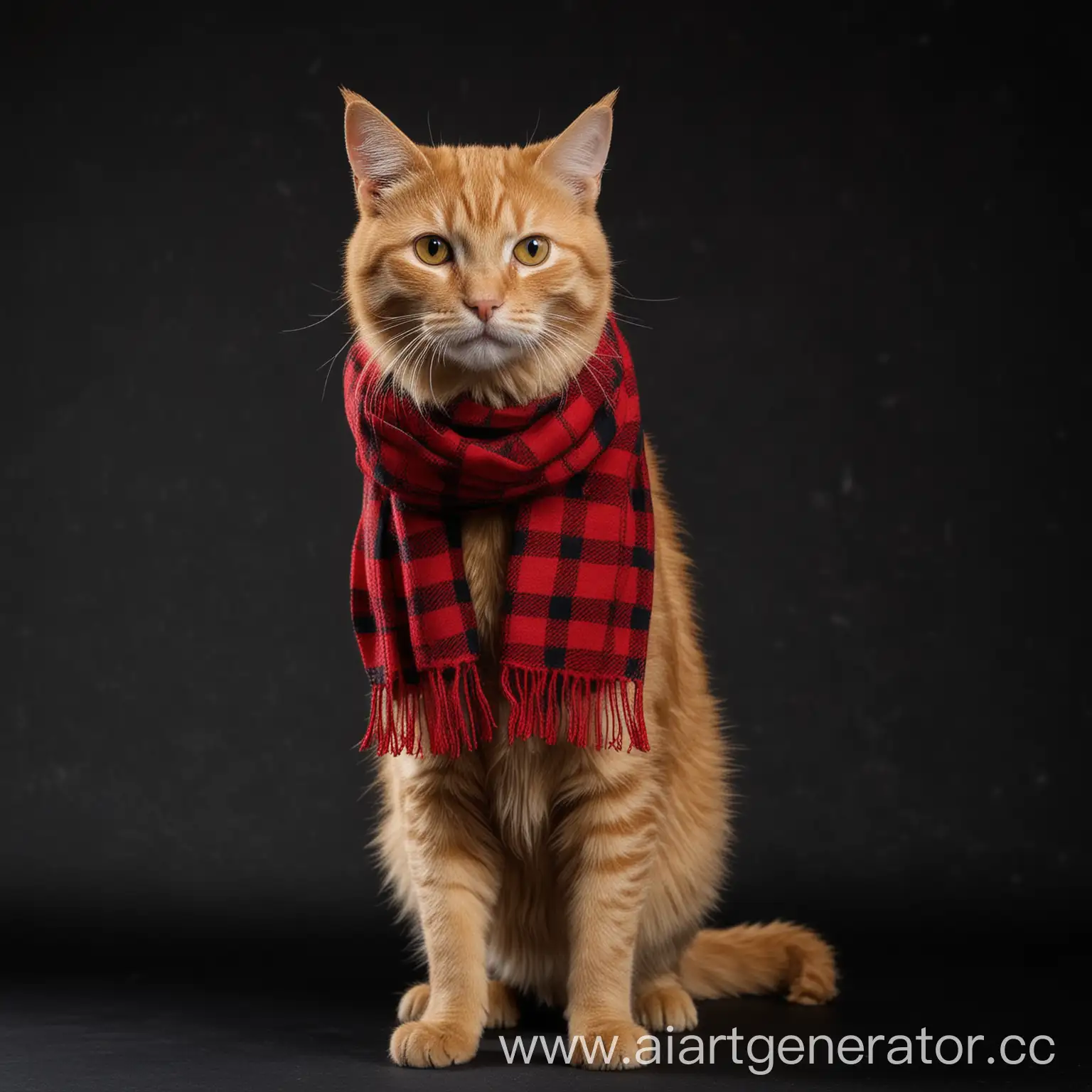 Ginger-Cat-Standing-Tall-with-Red-Scarf-on-Black-Background