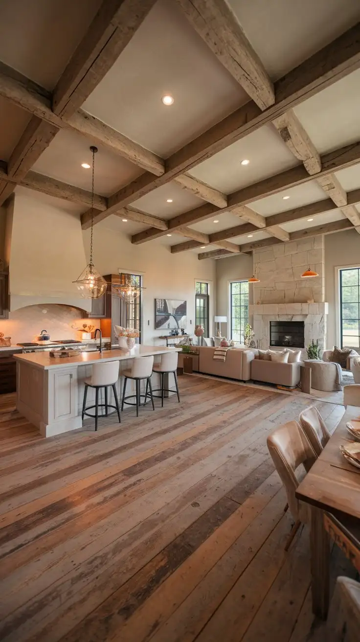 Rustic-Chic-Open-Concept-Kitchen-and-Living-Room-with-Exposed-Beams-and-Stone-Fireplace