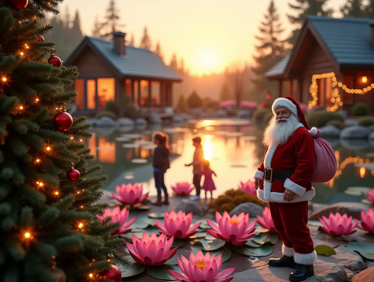 in the foreground is a Christmas tree that can be seen in full size, and next to the tree is a cheerful and smiling Santa Claus with a bag of gifts, and next to Santa Claus are a joyful guy, a girl and a child, and now behind them all there is a view of a large pond with large pink water lilies, on the other side of the pond with large pink water lilies children and other people are walking and playing by the water, on the other shore there is also a simple wooden pergola and a chalet house with panoramic windows in all walls from floor to roof, that is, each wall is a panoramic window., Everything else around the pond is a minimalist landscape design, houses and trees are decorated with bright garlands of lights, sunset and lots of sunset sunlight, the foreground is in focus and the background is blurred.