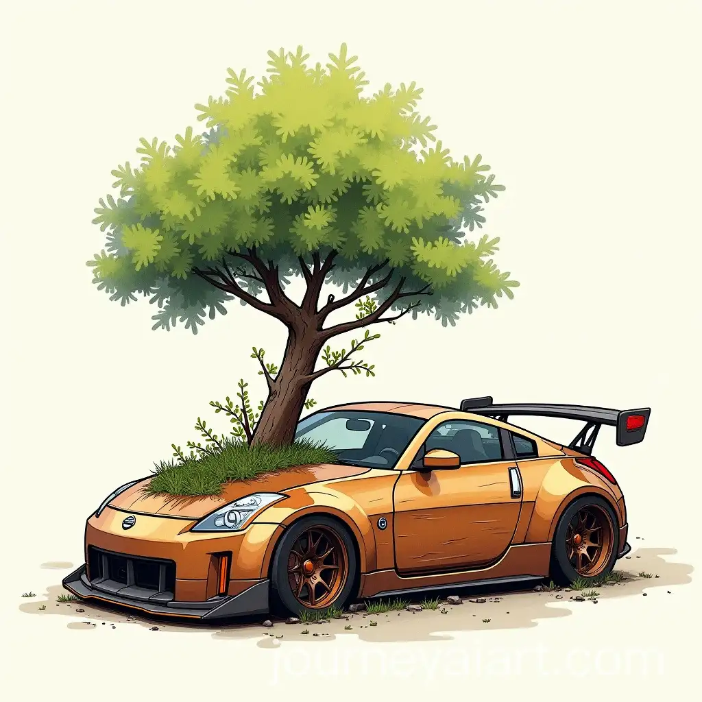 Wooden-Nissan-350-Z-with-Tree-and-Climbing-Plants-Barrel-Reactor-Sketch