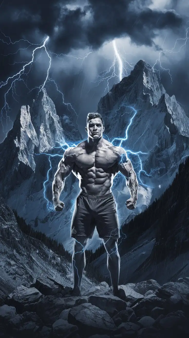 On a secluded mountain range. Supercharged brawn. Herculean powers. Blue electrical glow. 27-year-old musclegod bodybuilder stands bellowing triumphantly in a lightning storm. Warrior of virtue. Hero of power. Man of destiny.