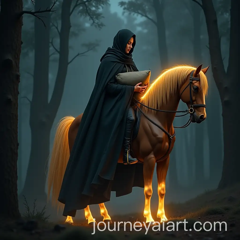 Mystical-Assassin-Riding-Glowing-Horse-in-Dark-Forest